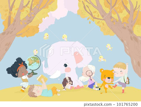 Cartoon Happy Children and Animals Getting Ready for School 101765200