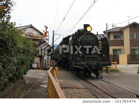 一輛蒸汽機車經過大井川鐵道上的一排民宅 一輛蒸汽機車經過大井川鐵道上的一排民宅 101765474