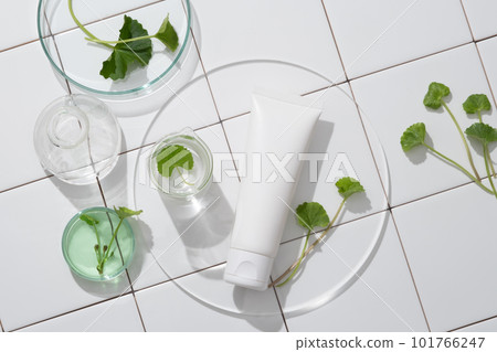 Mockup scene with plastic tube unlabeled, gotu kola leaves and some glass object on white tile background. Presentation cosmetic of gotu kola extract, good for health and skin 101766247
