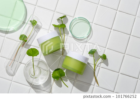Two cream jars unbranded and fresh gotu kola leaves decorated with some lab glassware on white tile background. Mockup scene of natural cosmetics, moisturizers with ingredients from gotu kola 101766252