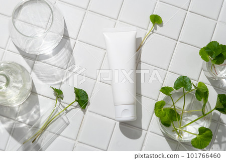 Minimal scene of a white tube placed on mosaic tiles background. Some glass props with fresh Gotu kola leaves displayed. Empty label for product mockup extracted from Gotu kola (Centella asiatica) 101766460