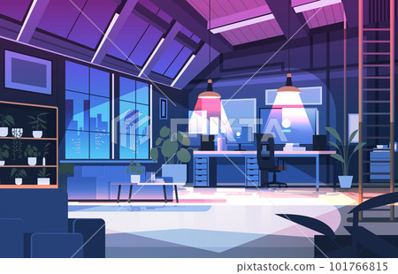 modern loft interior of night open space home office with furniture for corporate or freelance work 101766815