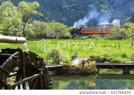 A steam locomotive passing by a waterwheel set in a wetland on the Oigawa Railway 101766838