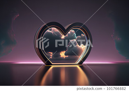 Futuristic Modern empty stage. Reflective dark room with glowing neon heart shape and cloud 101766882