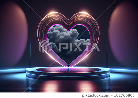 Futuristic Modern empty stage. Reflective dark room with glowing neon heart shape and cloud Futuristic Modern empty stage. Reflective dark room with glowing neon heart shape and cloud 101766905