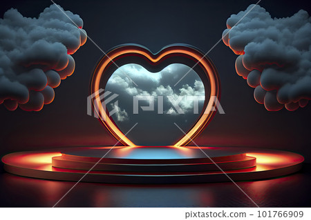 Futuristic Modern empty stage. Reflective dark room with glowing neon heart shape and cloud Futuristic Modern empty stage. Reflective dark room with glowing neon heart shape and cloud 101766909