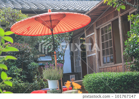 traditional red umbrella in garden for green tea ceremony traditional red umbrella in garden for green tea ceremony 101767147
