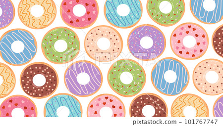 Horizontal background with colorful donuts. Various types of donuts in glaze and chocolate, elements for design of cafe, menu, promo banner. Flat vector cartoon illustration. Horizontal background with colorful donuts. Various types of donuts in glaze and chocolate, elements for design of cafe, menu, promo banner. Flat vector cartoon illustration. 101767747