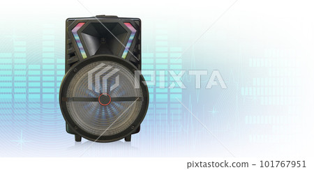front view black and red plastic and steel speaker on blue volume and livesound on white background, technology background,object background,copy space front view black and red plastic and steel speaker on blue volume and livesound on white background, technology background,object background,copy space 101767951