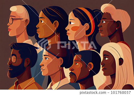 Diverse people, multiracial, multicultural crowd of men and women, side view portraits. Vector multi-ethnic group, concept of equality and togetherness. Wellness, independence and freedom, stop racism Diverse people, multiracial, multicultural crowd of men and women, side view portraits. Vector multi-ethnic group, concept of equality and togetherness. Wellness, independence and freedom, stop racism 101768037