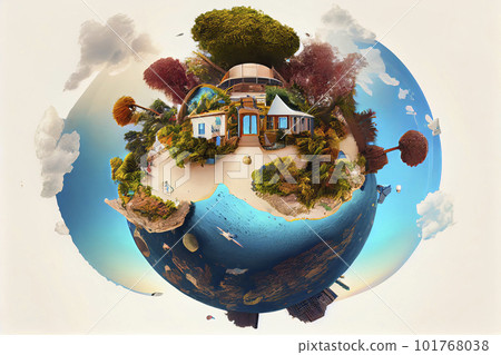 Personal resort on little planet. Concept for travel, holiday, hotel, spa, resort design. Tiny island / planet collection Personal resort on little planet. Concept for travel, holiday, hotel, spa, resort design. Tiny island / planet collection 101768038