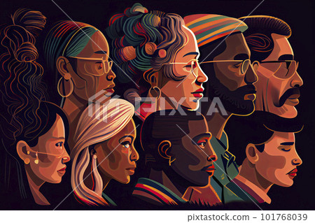 Diverse people, multiracial, multicultural crowd of men and women, side view portraits. Vector multi-ethnic group, concept of equality and togetherness. Wellness, independence and freedom, stop racism 101768039