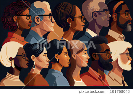 Diverse people, multiracial, multicultural crowd of men and women, side view portraits. Vector multi-ethnic group, concept of equality and togetherness. Wellness, independence and freedom, stop racism 101768043