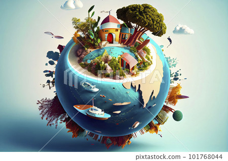 Personal resort on little planet. Concept for travel, holiday, hotel, spa, resort design. Tiny island / planet collection Personal resort on little planet. Concept for travel, holiday, hotel, spa, resort design. Tiny island / planet collection 101768044