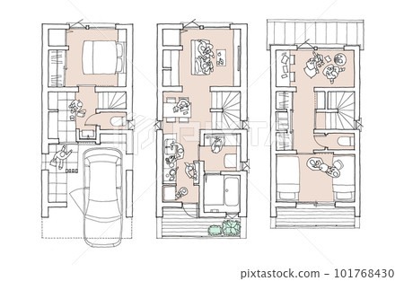 Layout of a three-story house with a garage on the first floor and a living room on the second floor (color) Layout of a three-story house with a garage on the first floor and a living room on the second floor (color) 101768430