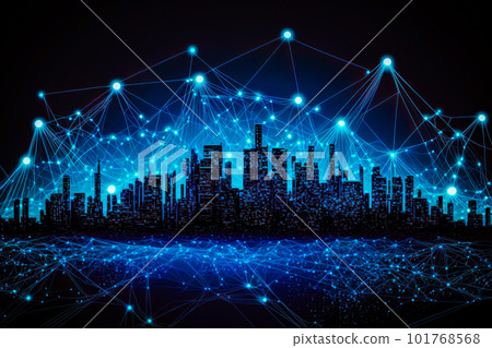Cityscape with connected lines and dots Generative AI 101768568