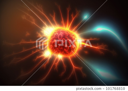 Attack of cancer cells on healthy cells in the human body, cells in large scale and copy space, Generative AI. 101768810