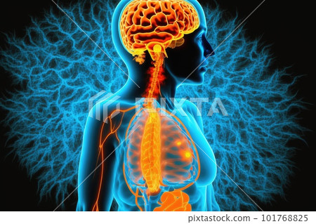 Scanned blue female body with orange brain on black background, Generative AI. Scanned blue female body with orange brain on black background, Generative AI. 101768825