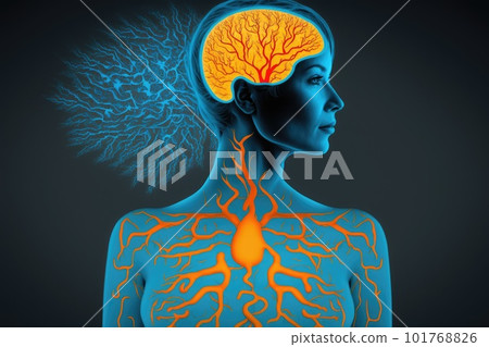 Scanned blue female body with orange brain on black background, Generative AI. 101768826