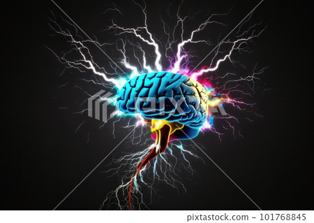 The human brain explodes with colored active neuron endings, future brain activity research, Generative AI. 101768845