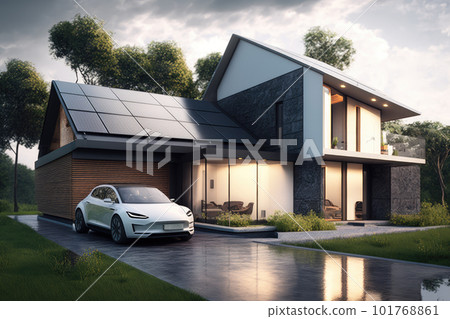 A house with solar panels and an electric car, an energy-independent house, environmentally friendly energy in the house, Generative AI. A house with solar panels and an electric car, an energy-independent house, environmentally friendly energy in the house, Generative AI. 101768861