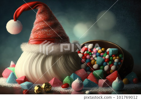 Christmas creamy sweet cone, Christmas ice cream with Santa's hat, generative AI. 101769012