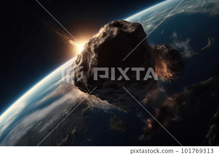 The flight of a comet over the planet, a comet in space, a meteor and energy, the glow of an asteroid, the movement of a powerful star. 101769313