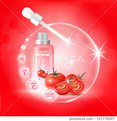Collagen serum tomato extract and vitamin for skin care cream with cosmetic bottle. Skincare concept. 3D Vector EPS10. Collagen serum tomato extract and vitamin for skin care cream with cosmetic bottle. Skincare concept. 3D Vector EPS10. 101770045
