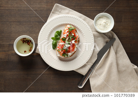 Toasts with tasty grilled vegetables, top view 101770389