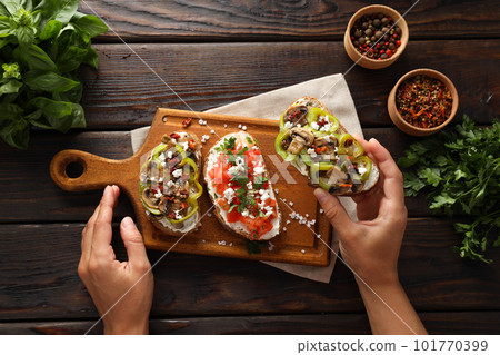 Toasts with tasty grilled vegetables, top view 101770399