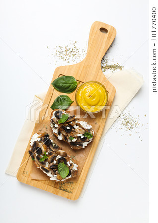 Toasts with tasty grilled vegetables, top view 101770400