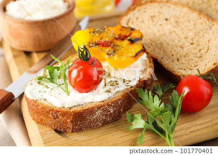 Toast with tasty grilled vegetables, concept of delicious appetizer 101770401