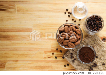 Concept of tasty snack for hot drink - cookies in the shape of coffee seeds 101770436