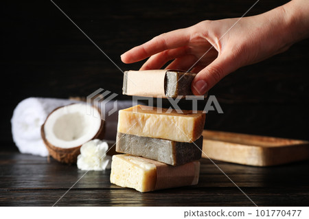 Concept of bath and skin care accessories - soap 101770477