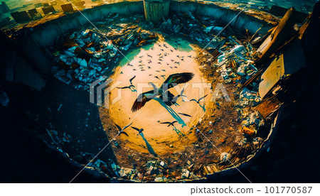 Bird is flying over destroyed building Generative AI. 101770587