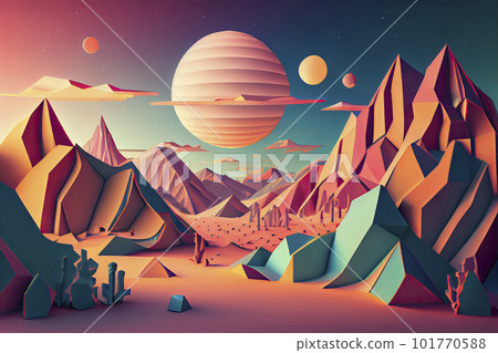 80s Retro Sci-Fi Futuristic Landscape Background, low poly modeling 101770588