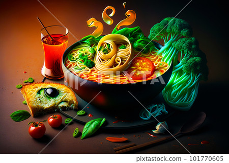 Bowl of noodles and vegetables with glass of juice Generative AI. 101770605