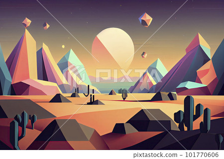 80s Retro Sci-Fi Futuristic Landscape Background, low poly modeling 80s Retro Sci-Fi Futuristic Landscape Background, low poly modeling 101770606