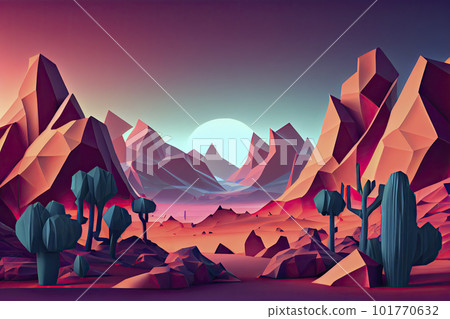 80s Retro Sci-Fi Futuristic Landscape Background, low poly modeling 101770632