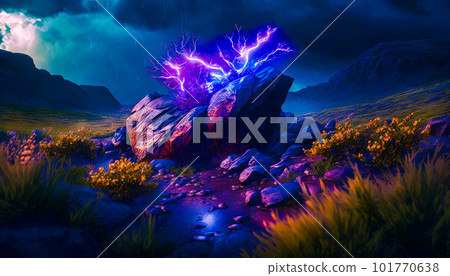 Painting of rock with lightning coming out of it Generative AI. 101770638