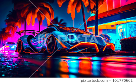 Futuristic car parked on the side of street Generative AI. 101770661