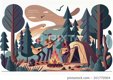 Happy family enjoying camping. Couple and kid playing guitar, singing at campfire flat vector illustration Happy family enjoying camping. Couple and kid playing guitar, singing at campfire flat vector illustration 101770904