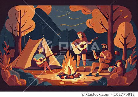 Happy family enjoying camping. Couple and kid playing guitar, singing at campfire flat vector illustration 101770912