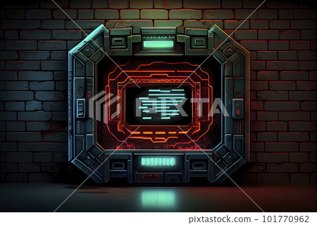 abstract background of sci fi hud ui neon frame on brick wall 101770962