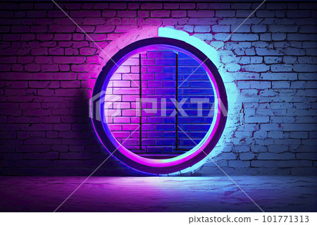 Circle shaped glowing neon frame on brick wall - Stock