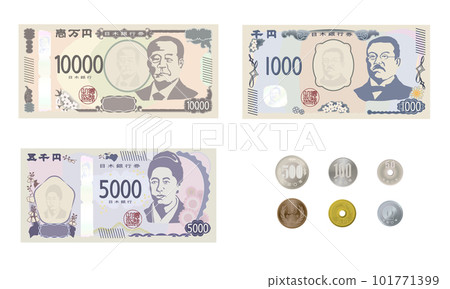 A set of relatively realistic Japanese yen new banknotes and coins 101771399