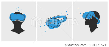 Hand drawn vector abstract graphic line art collection with virtual reality technology headset devise and human silhouette. Human in virtual reality headset outline design. Concept of virtual reality. 101771571
