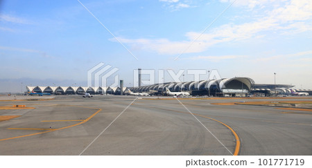 Suvarnabhumi Airport view, Airplane parking at passenger gate. 101771719