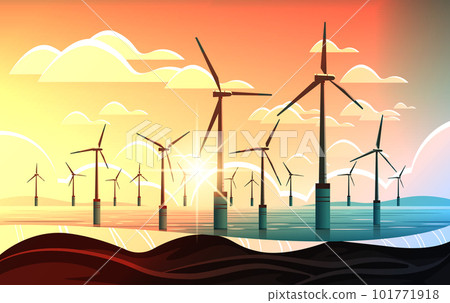 offshore wind farm with turbines in sea or ocean renewable water station energy production alternative power generation 101771918