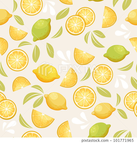 Lemon tropical citrus seamless pattern with leaves, slices in cartoon style. Abstract fresh bright fabrik. 101771965